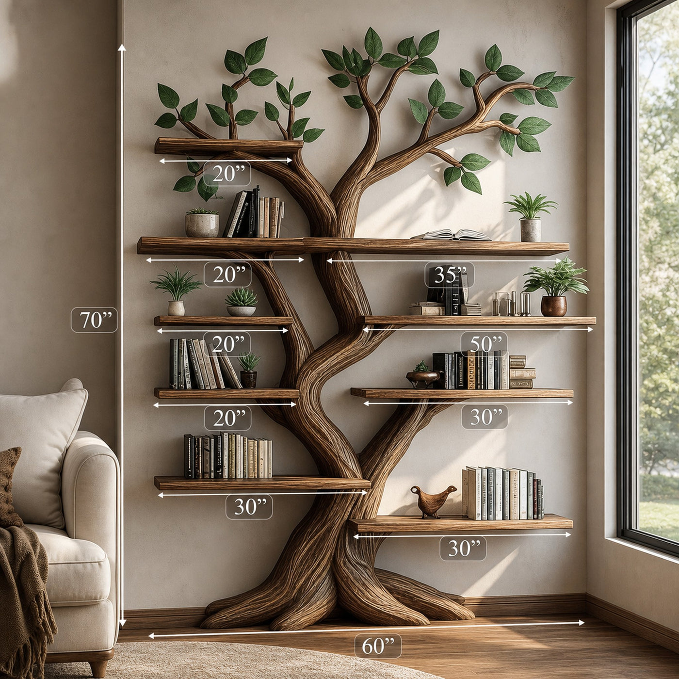 Rustic Organic Tree Branch Bookshelf Living Room Decor - product view 5