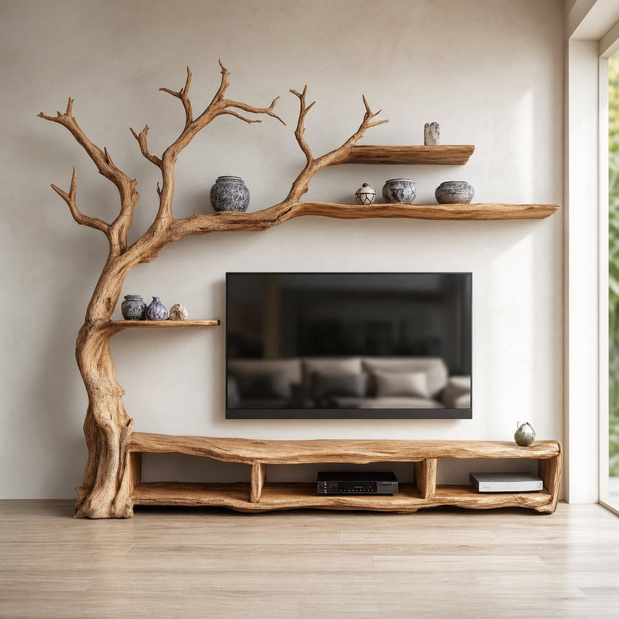 Rustic Organic Tree Branch TV Shelf Contemporary Home