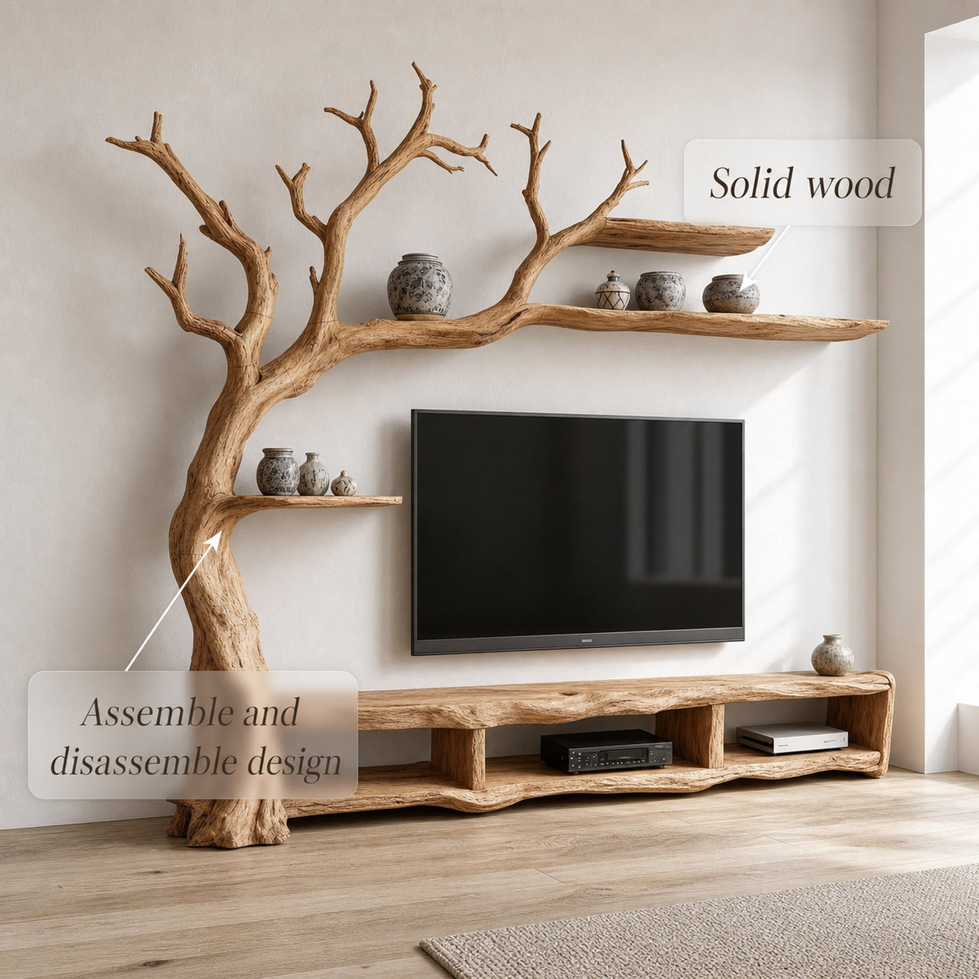 Rustic Organic Tree Branch TV Shelf Contemporary Home - product view 6