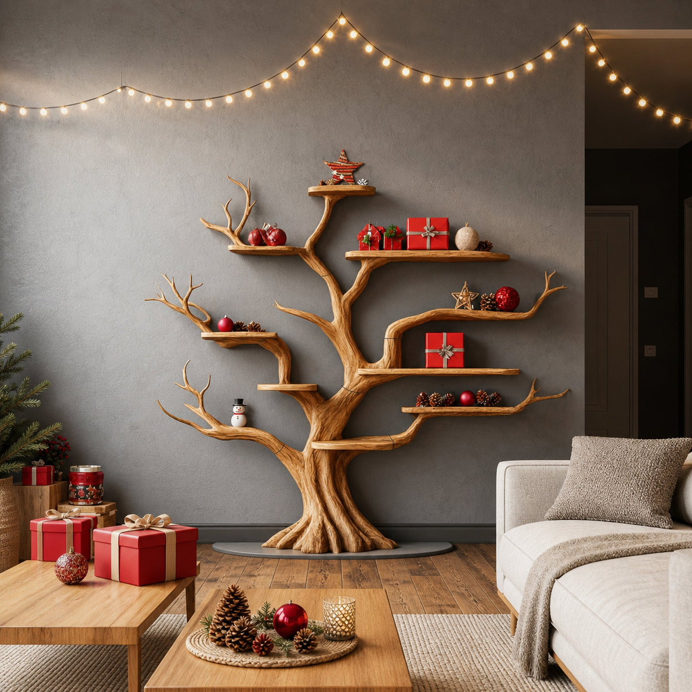 Rustic Organic Tree Shelf Christmas Edition Entryway