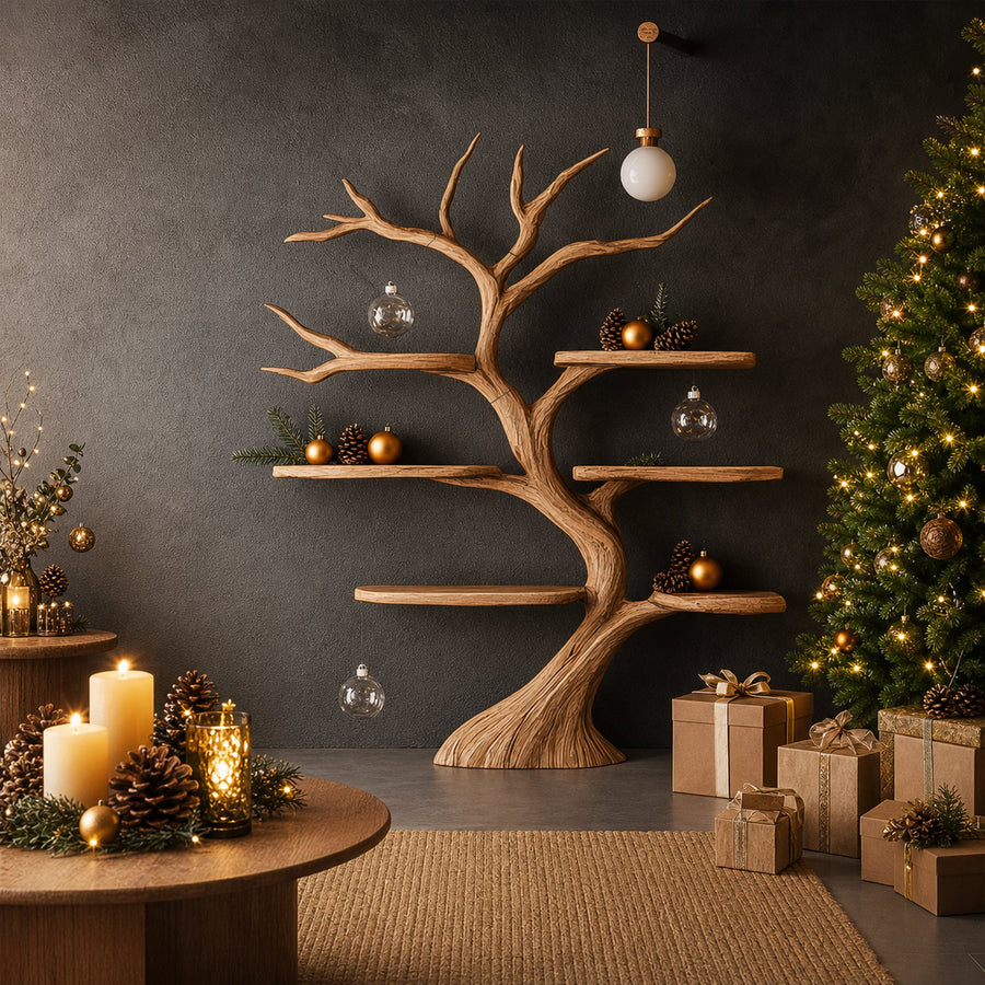 Rustic Organic Tree Shelf Christmas Living Room