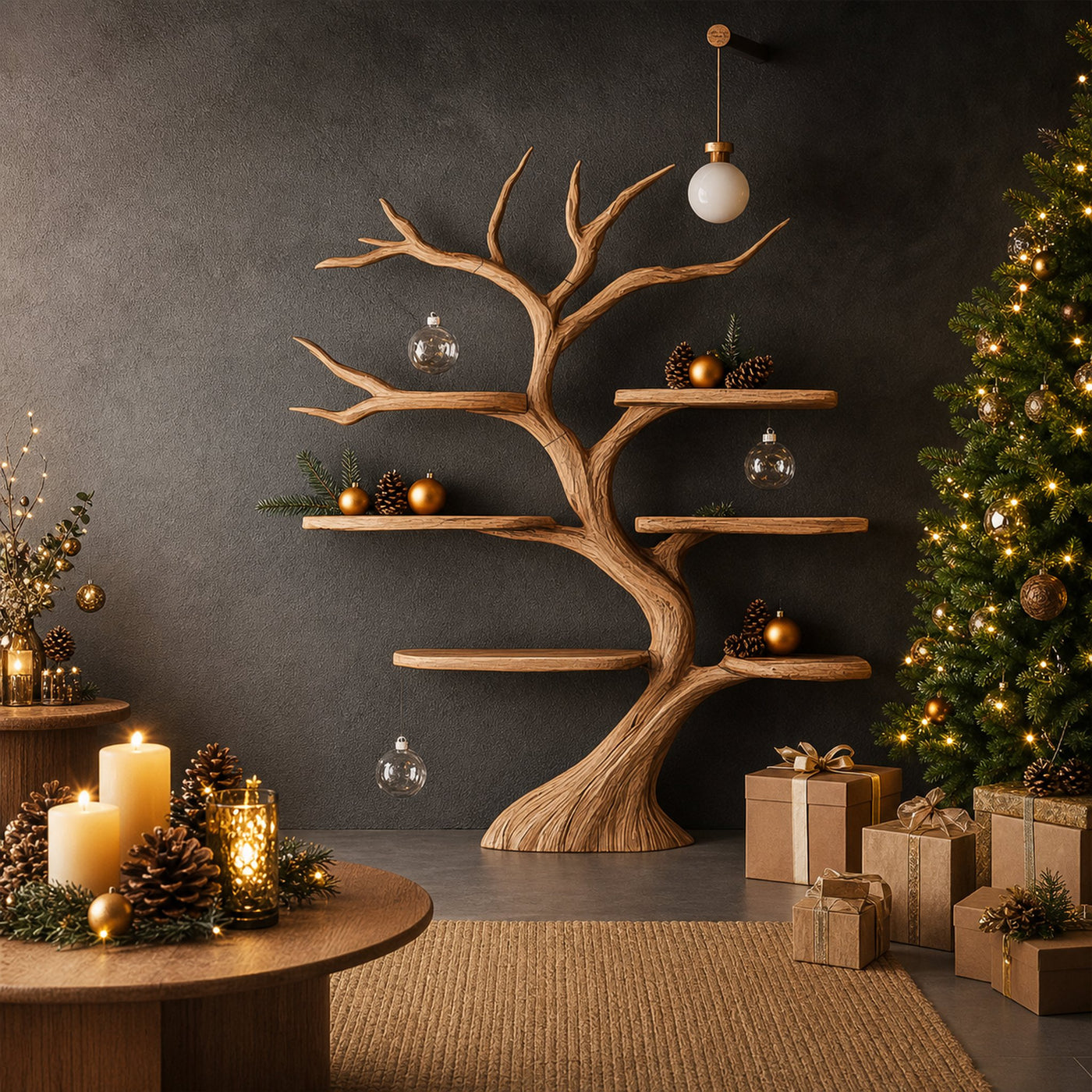 Rustic Organic Tree Shelf Christmas Living Room