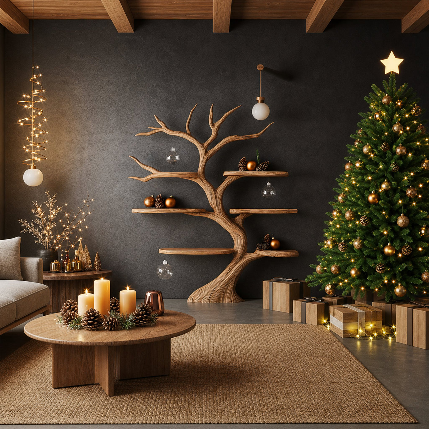 Rustic Organic Tree Shelf Christmas Living Room - product view 2