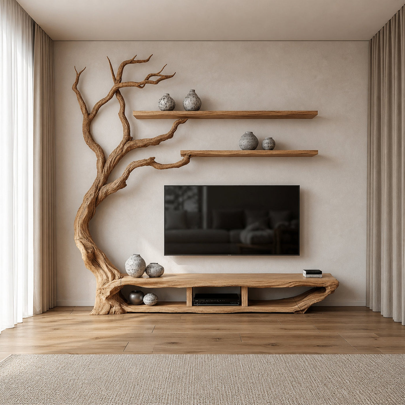 Rustic Organic Tree TV Stand Modern Living Room