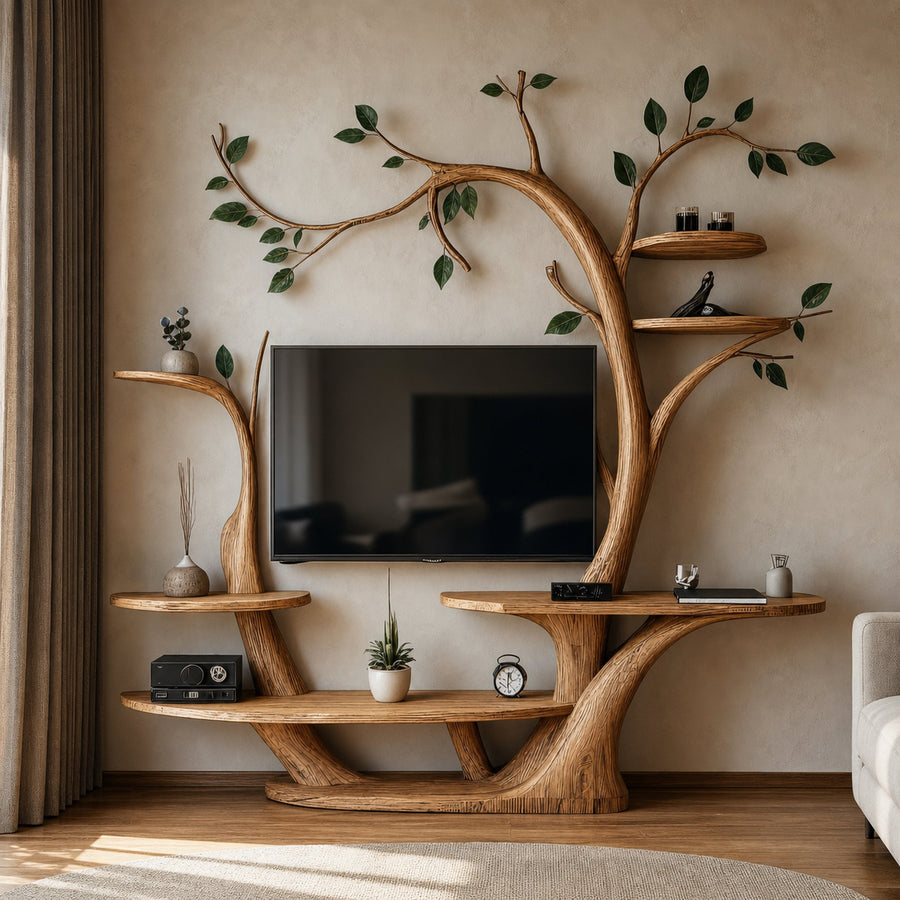 Rustic Organic Tree TV Wall Shelf Warm Home