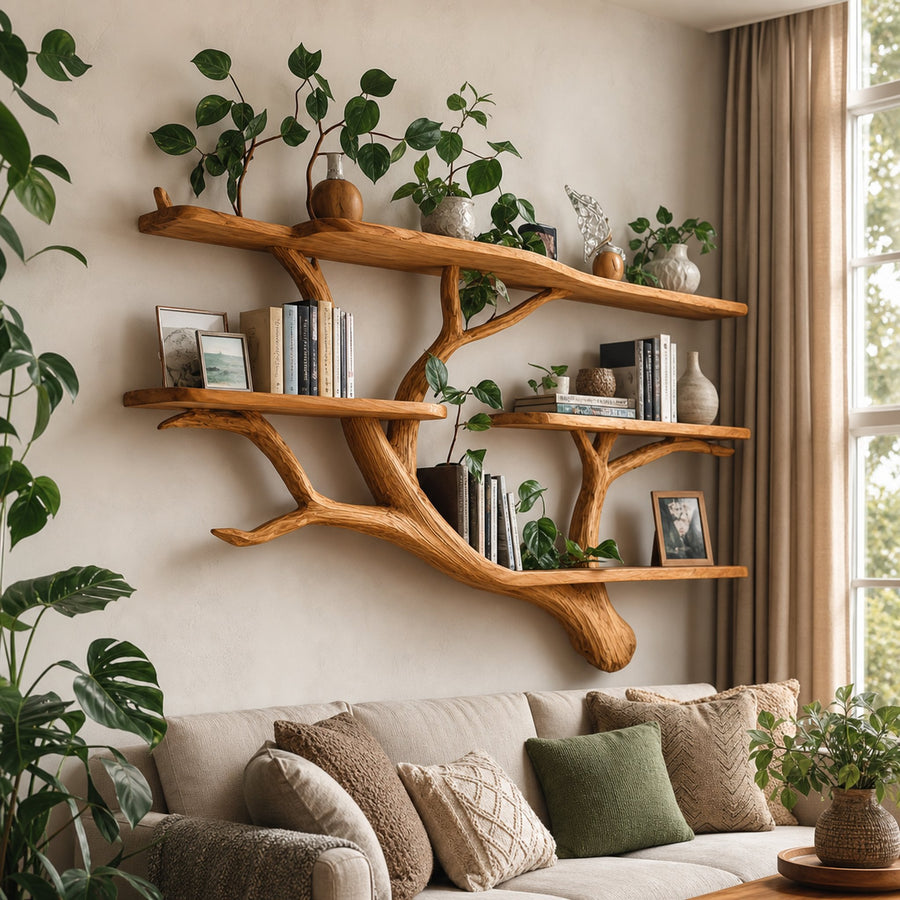 Rustic Organic Tree Wall Bookshelf Minimalist Home