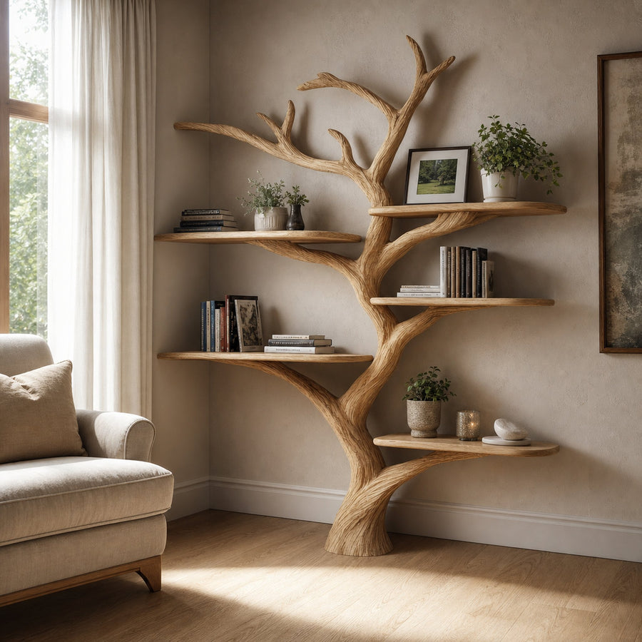 Rustic Organic Tree Wall Display Cozy Reading Space