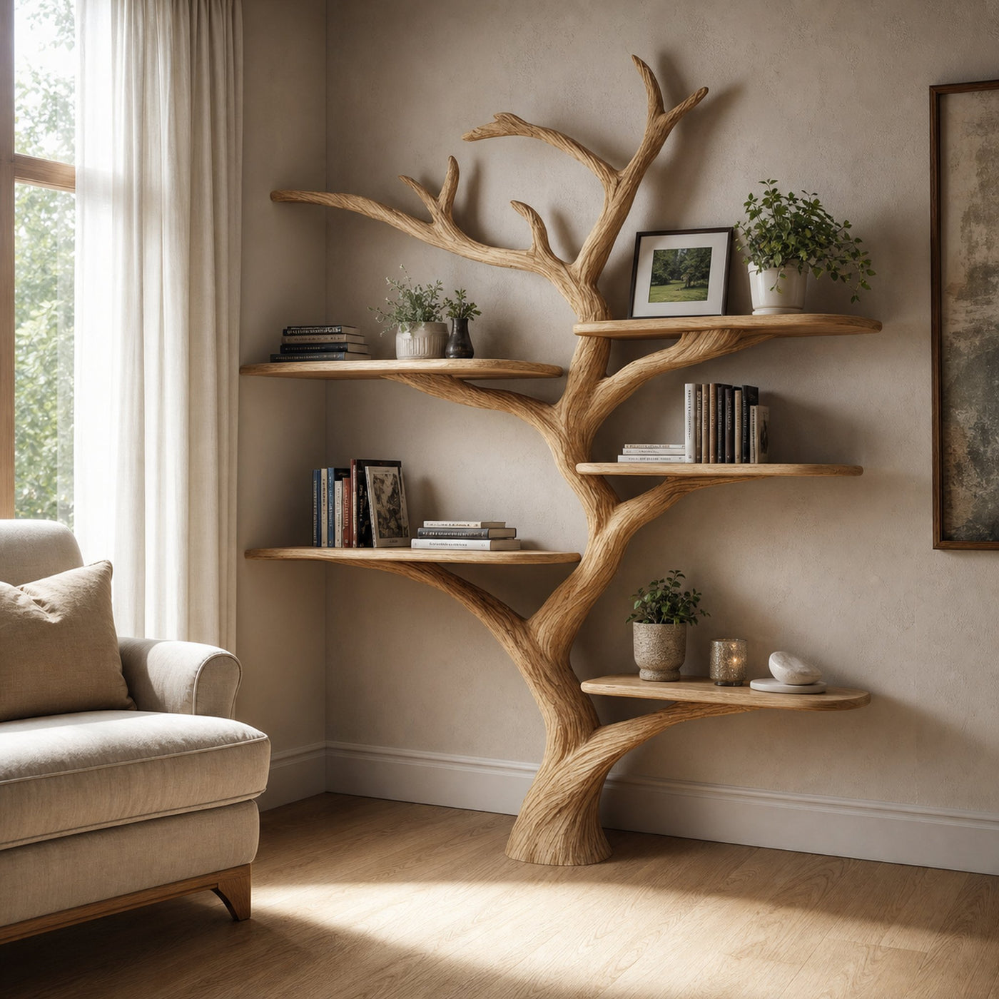 Rustic Organic Tree Wall Display Cozy Reading Space