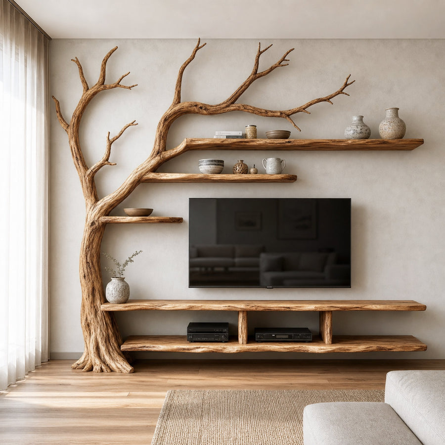 Rustic Organic Tree Wall TV Shelf Modern Home