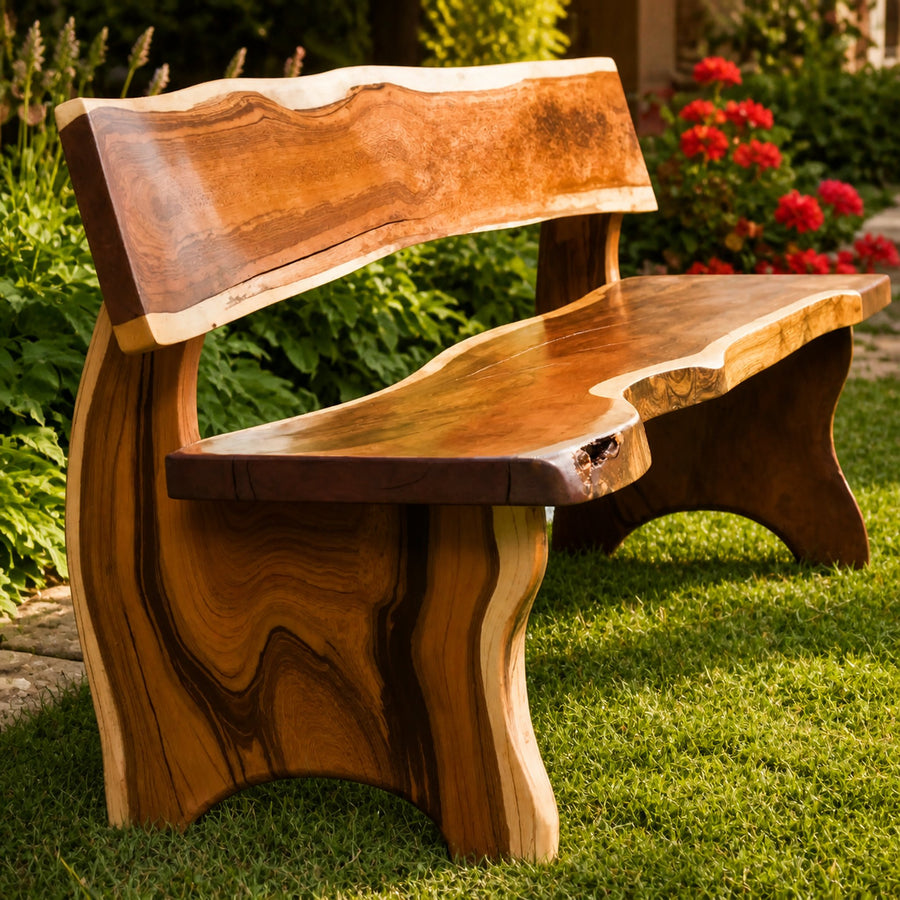 Rustic Outdoor Bench With Backrest Live Edge For Garden Porch And Patio