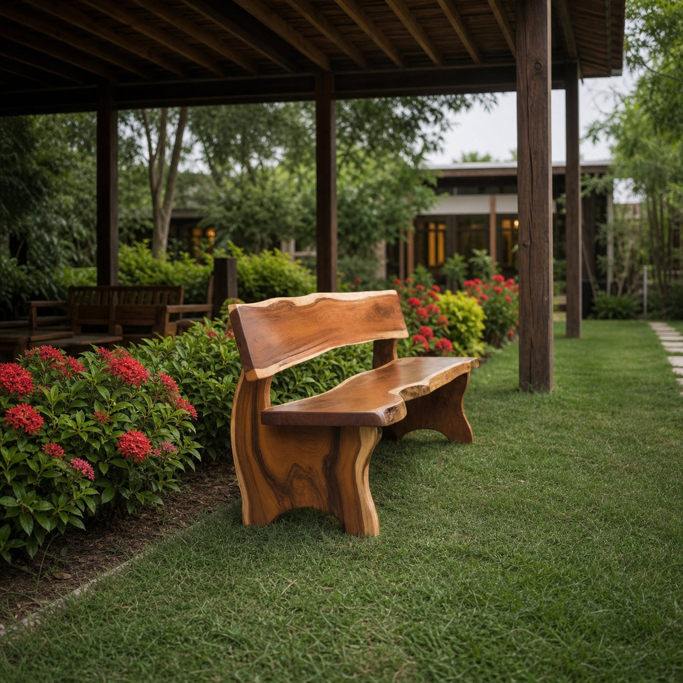 Rustic Outdoor Bench With Backrest Live Edge For Garden Porch And Patio - product view 2
