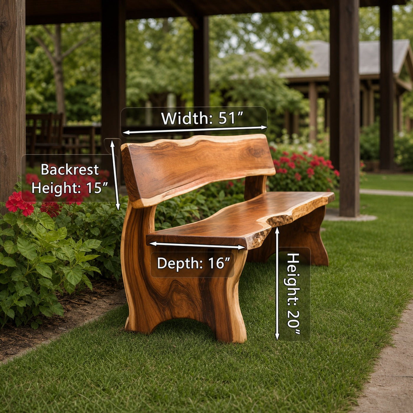 Rustic Outdoor Bench With Backrest Live Edge For Garden Porch And Patio - product view 3