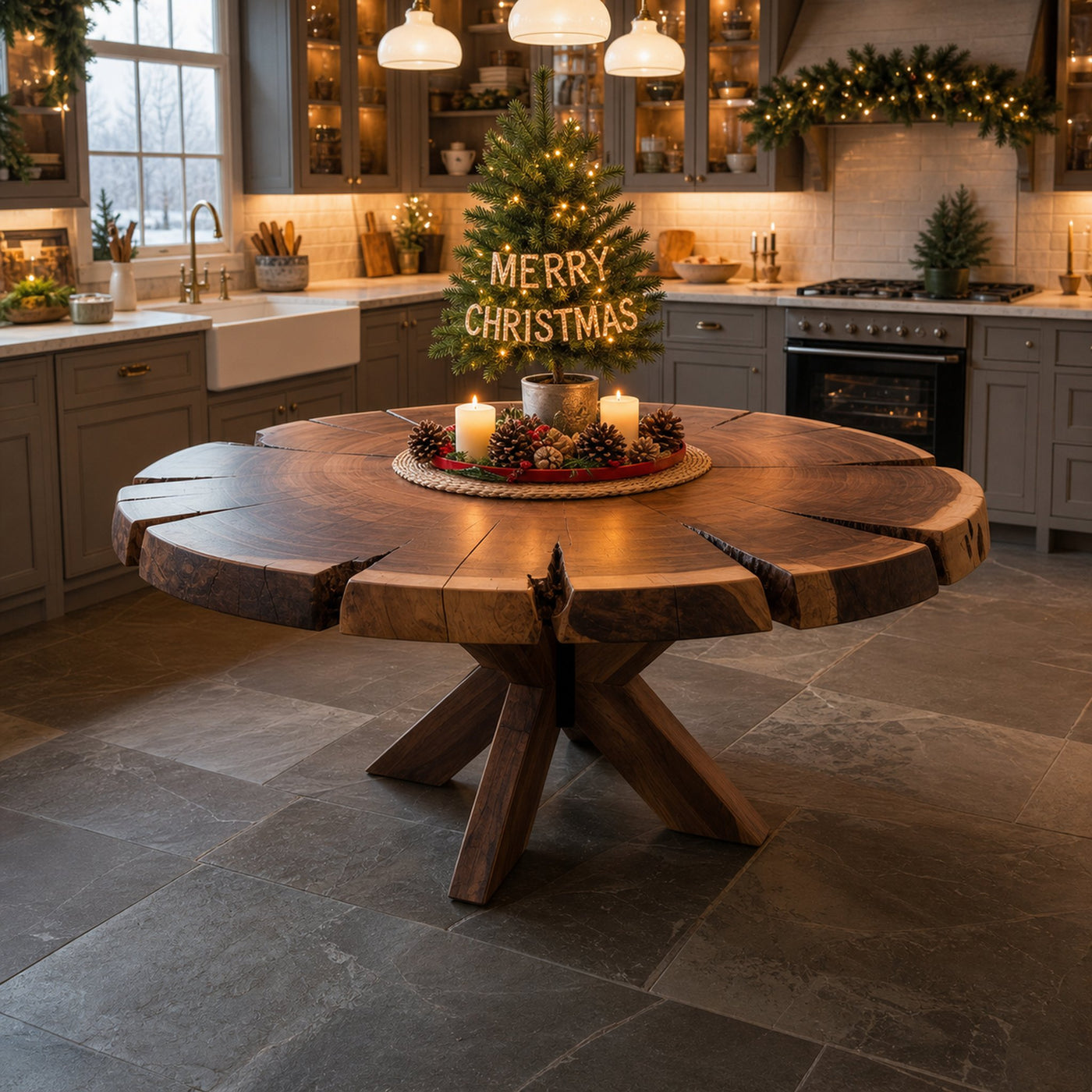 Rustic Round Dining Table Christmas Holiday Kitchen Decor
