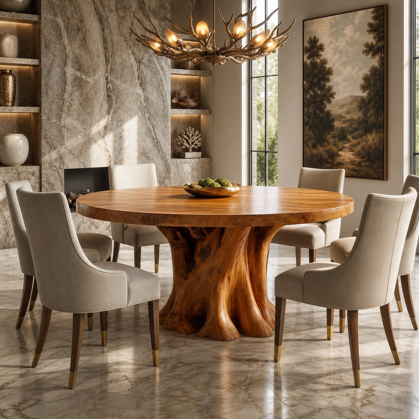 Rustic Round Dining Table With Solid Wood Sculptural Base For Dining Room
