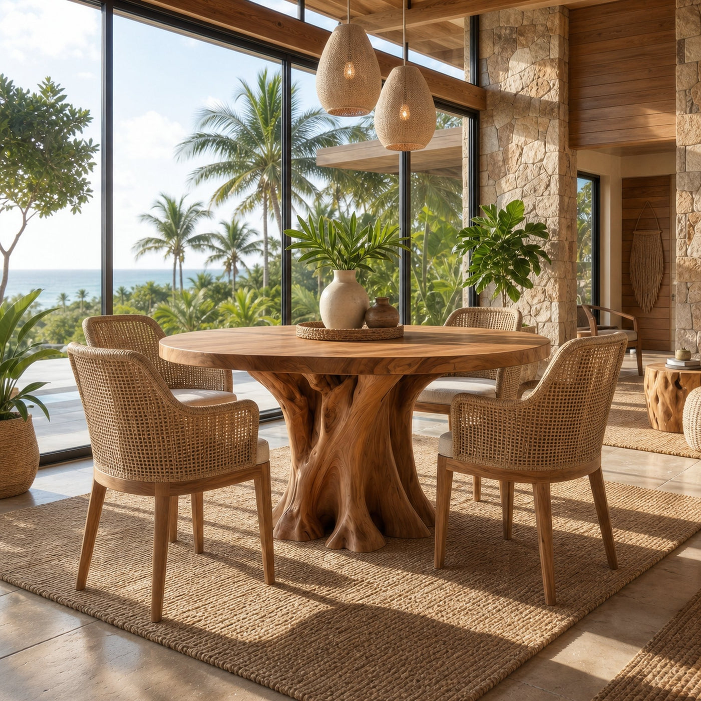 Rustic Round Dining Table With Solid Wood Sculptural Base For Dining Room - product view 3
