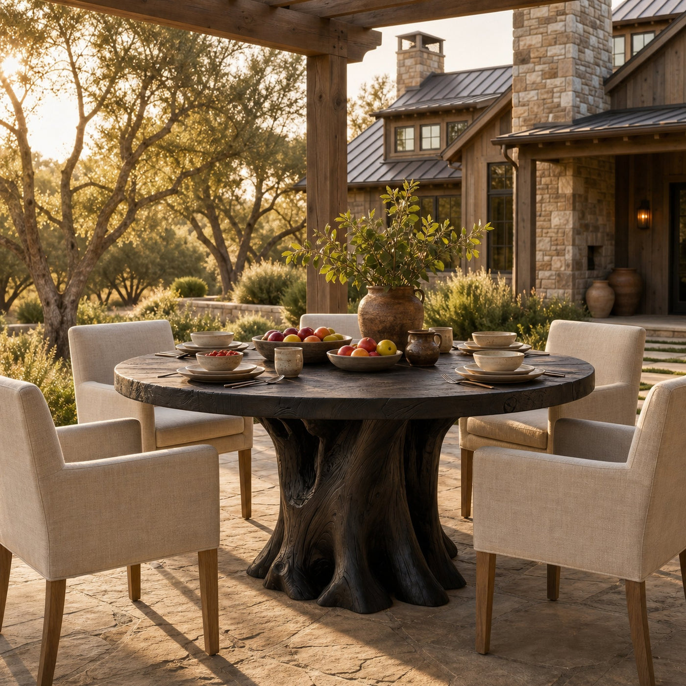 Rustic Round Dining Table With Solid Wood Sculptural Base For Dining Room - product view 4