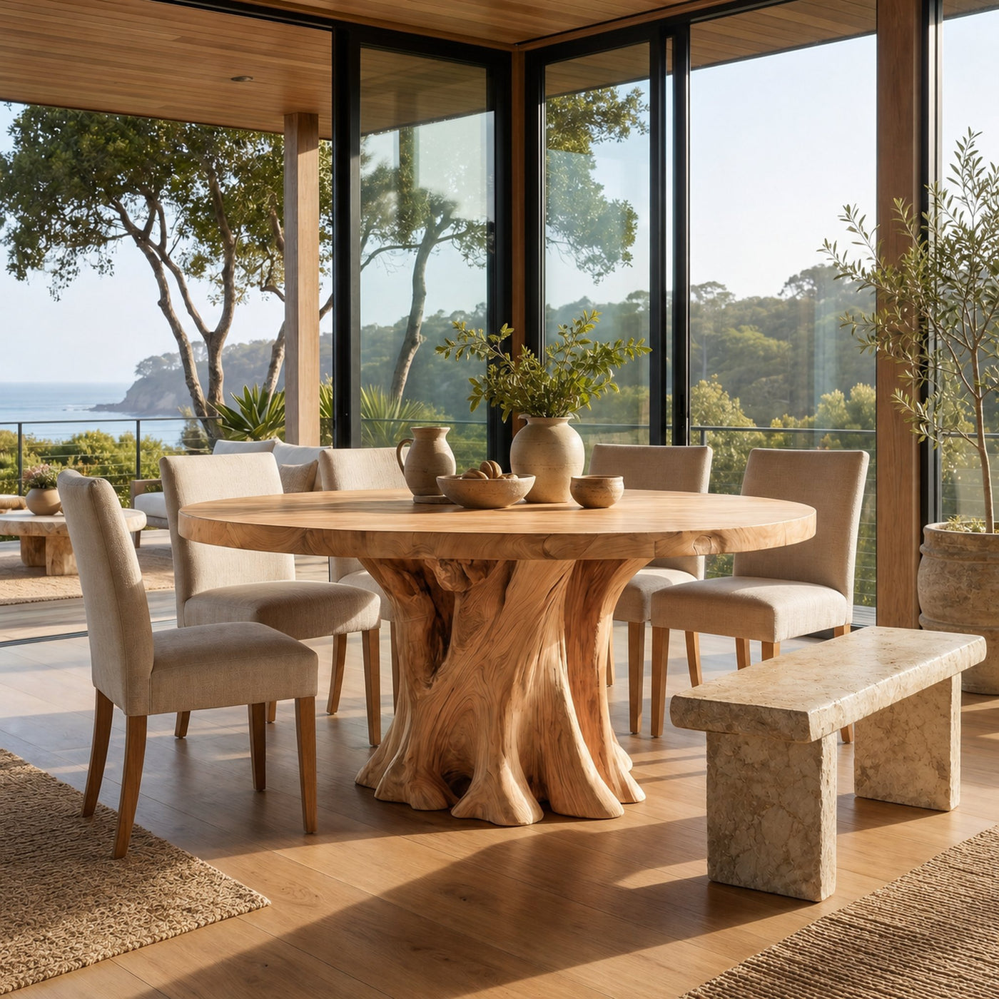 Rustic Round Dining Table With Solid Wood Sculptural Base For Dining Room - product view 5