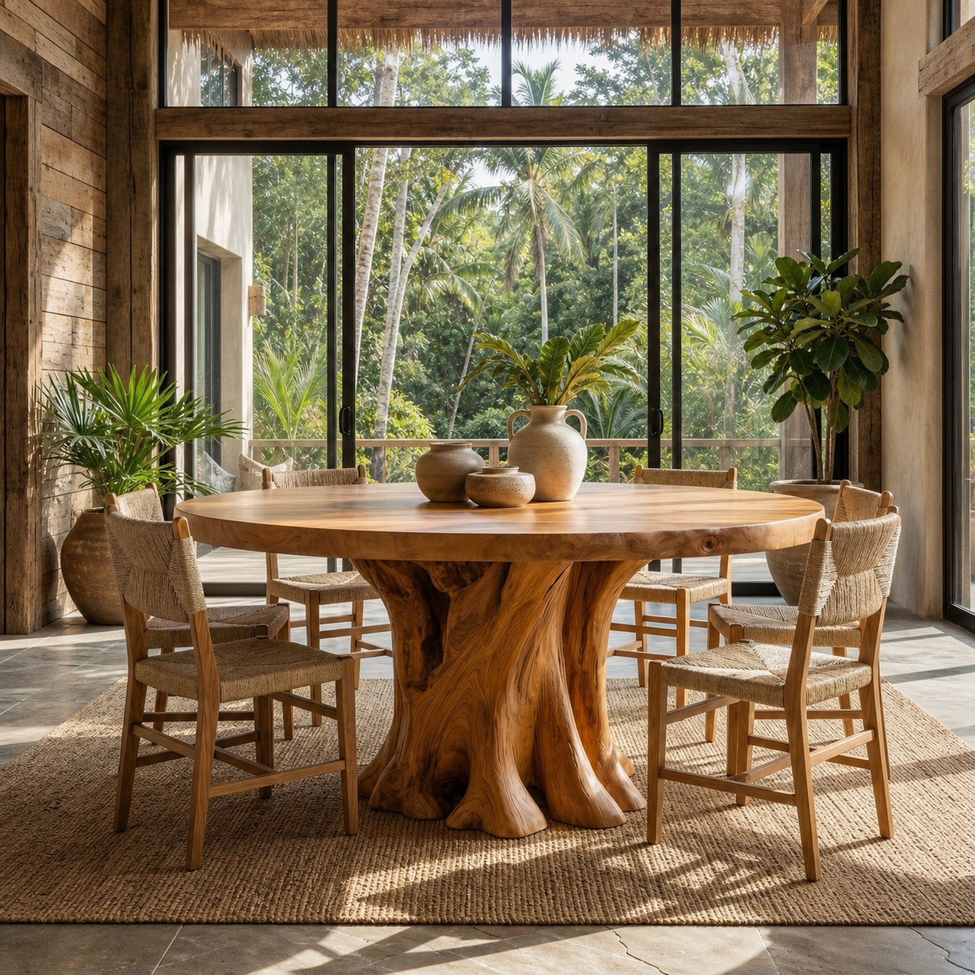 Rustic Round Dining Table With Solid Wood Sculptural Base For Dining Room - product view 6