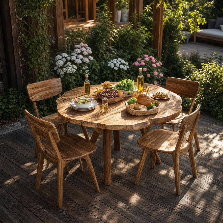 Rustic Round Wood Dining Table Set Decor Yard Gift