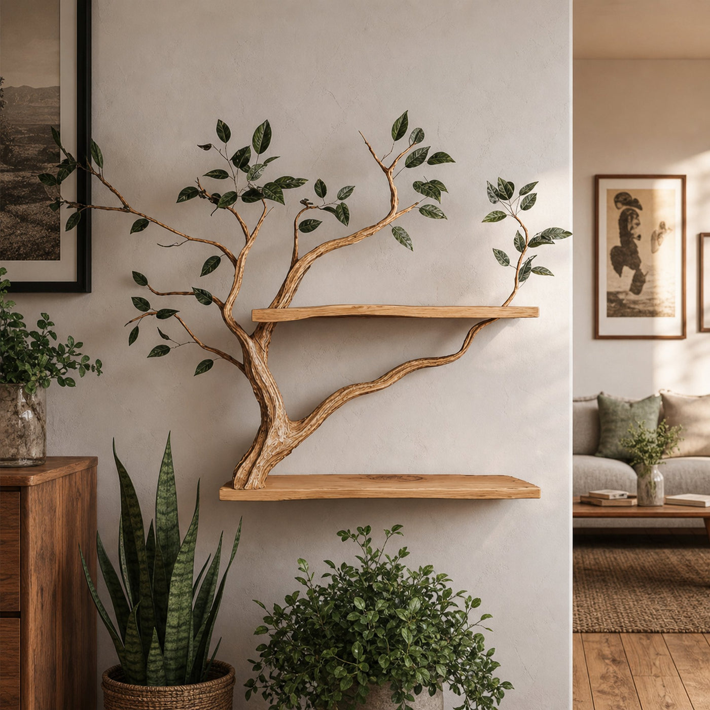Rustic Sculptural Branch Display Shelf Solid Wood Living Room Interior Wall Feature