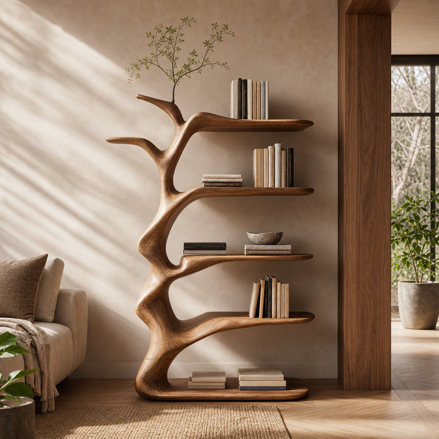 Rustic Sculptural Curved Storage Shelf Solid Wood Living Room Interior Statement Furniture