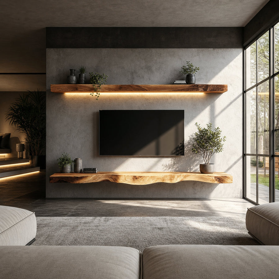 Rustic Sculptural Floating Shelf Solid Wood Living Room Interior Architectural Furniture