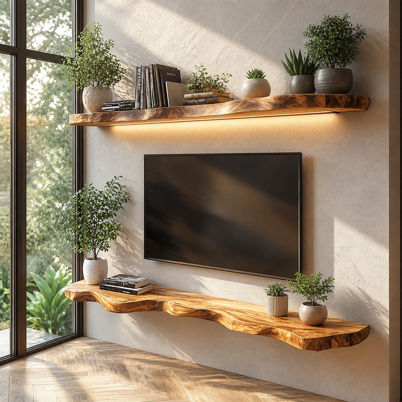 Rustic Sculptural Floating TV Console Shelf Solid Wood Living Room Interior Feature Furniture