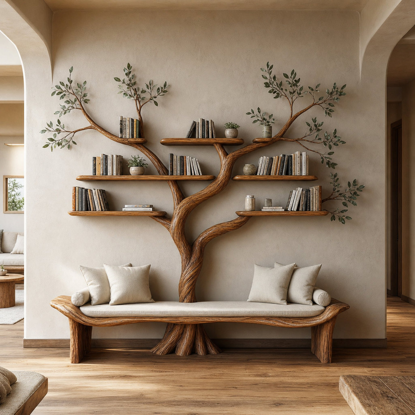 Rustic Sculptural Tree Bookshelf Bench Living Room Interior Statement Furniture