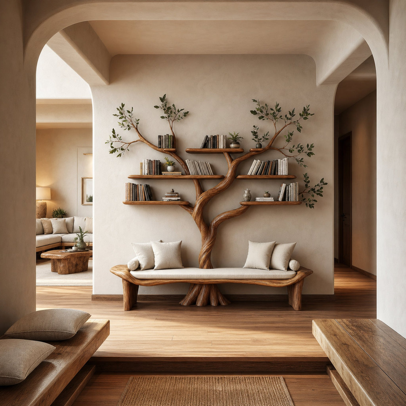 Rustic Sculptural Tree Bookshelf Bench Living Room Interior Statement Furniture - product view 2