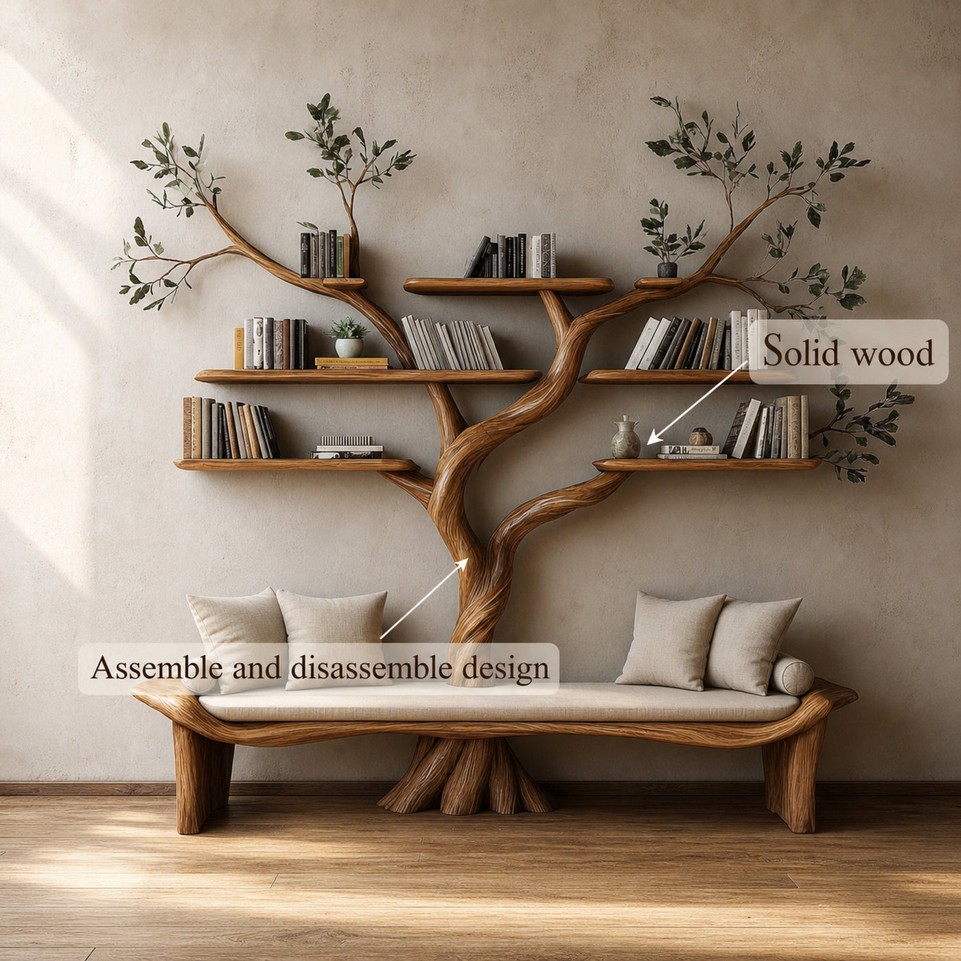 Rustic Sculptural Tree Bookshelf Bench Living Room Interior Statement Furniture - product view 3
