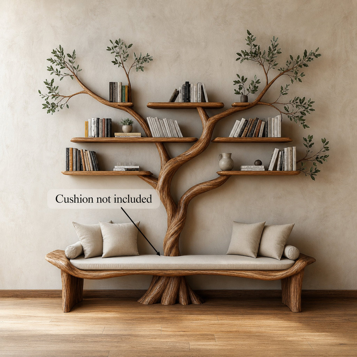 Rustic Sculptural Tree Bookshelf Bench Living Room Interior Statement Furniture - product view 4