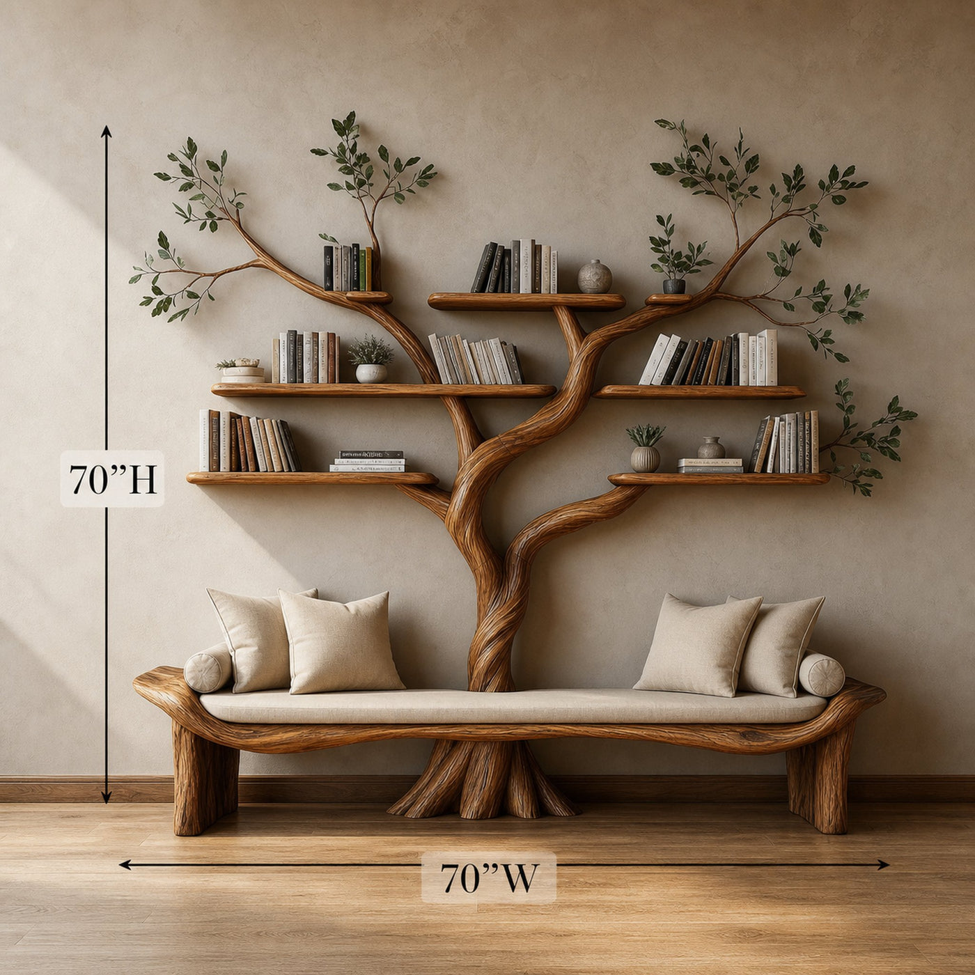 Rustic Sculptural Tree Bookshelf Bench Living Room Interior Statement Furniture - product view 5