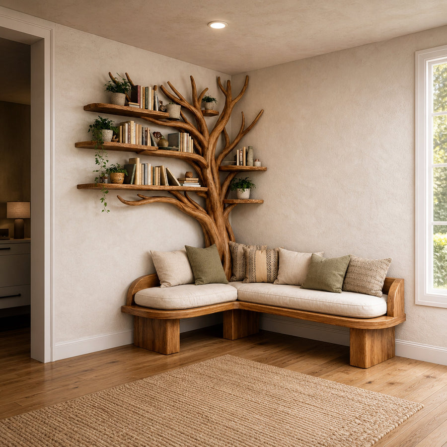 Rustic Sculptural Tree Bookshelf Corner Bench Living Room Interior Integrated Seating