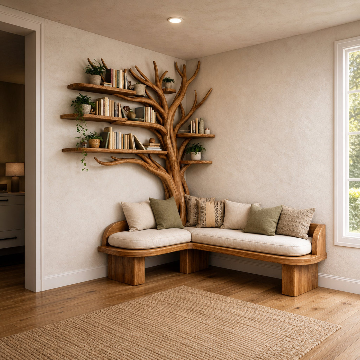 Rustic Sculptural Tree Bookshelf Corner Bench Living Room Interior Integrated Seating