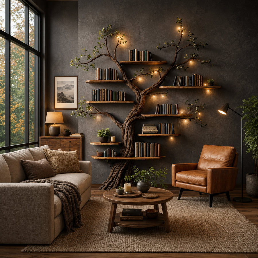 Rustic Sculptural Tree Bookshelf Handcrafted For Living Room