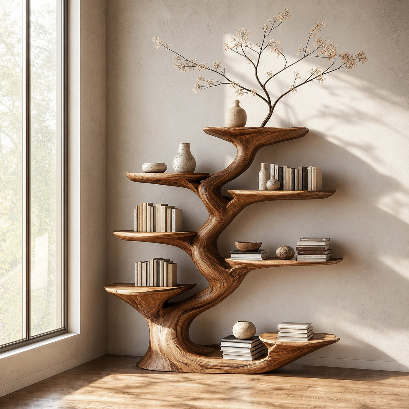 Rustic Sculptural Tree Bookshelf Living Room