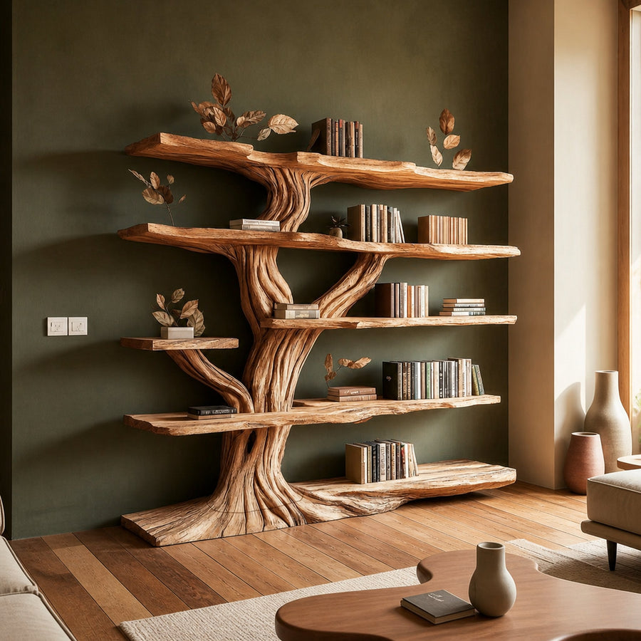 Rustic Sculptural Tree Bookshelf Living Room Interior Architectural Wall Feature