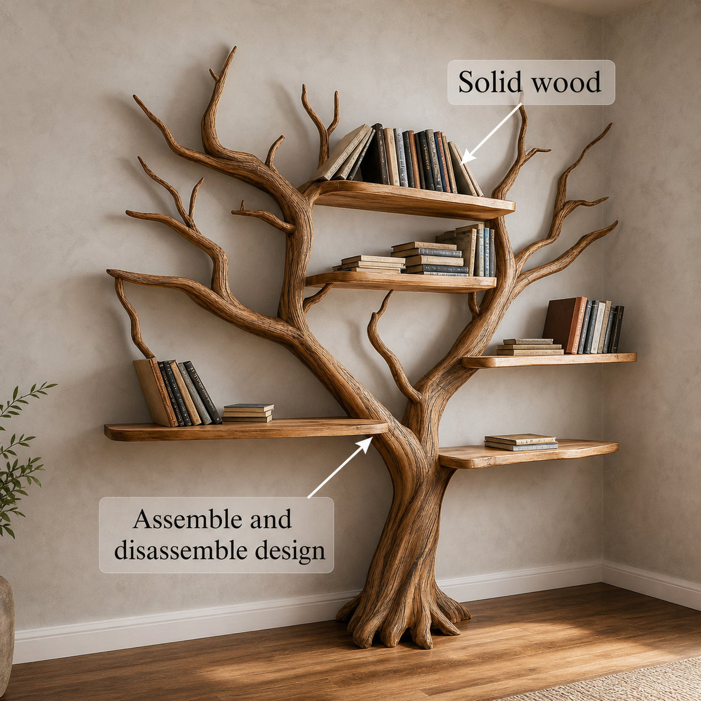 Rustic Sculptural Tree Bookshelf Living Room Interior Statement Display - product view 3