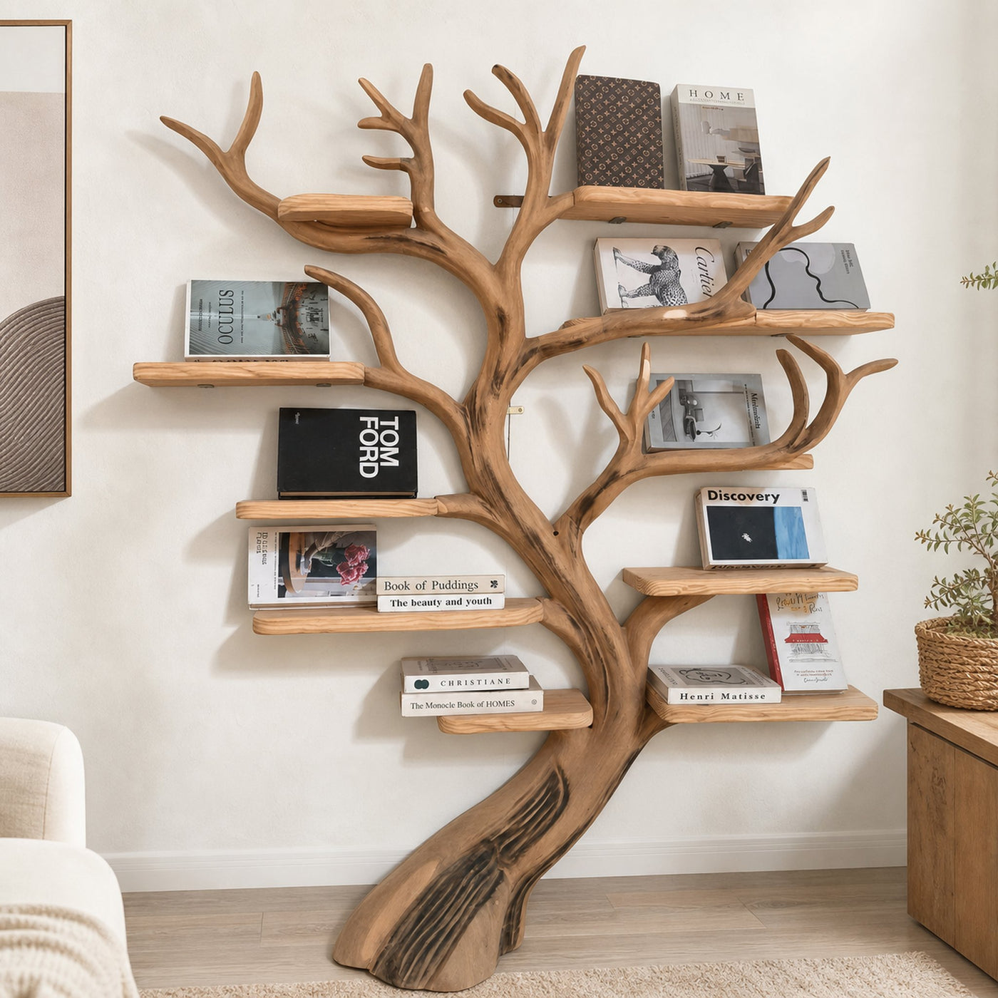 Rustic Sculptural Tree Bookshelf Living Room Interior Statement Display - product view 5