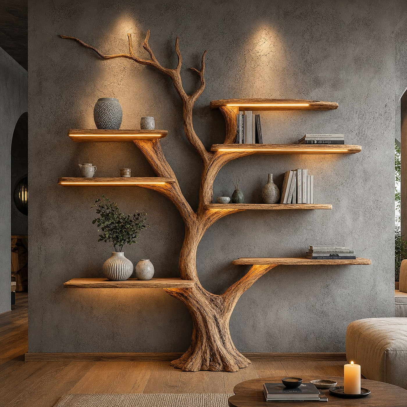 Rustic Sculptural Tree Bookshelf Living Room Interior Statement Wall Feature