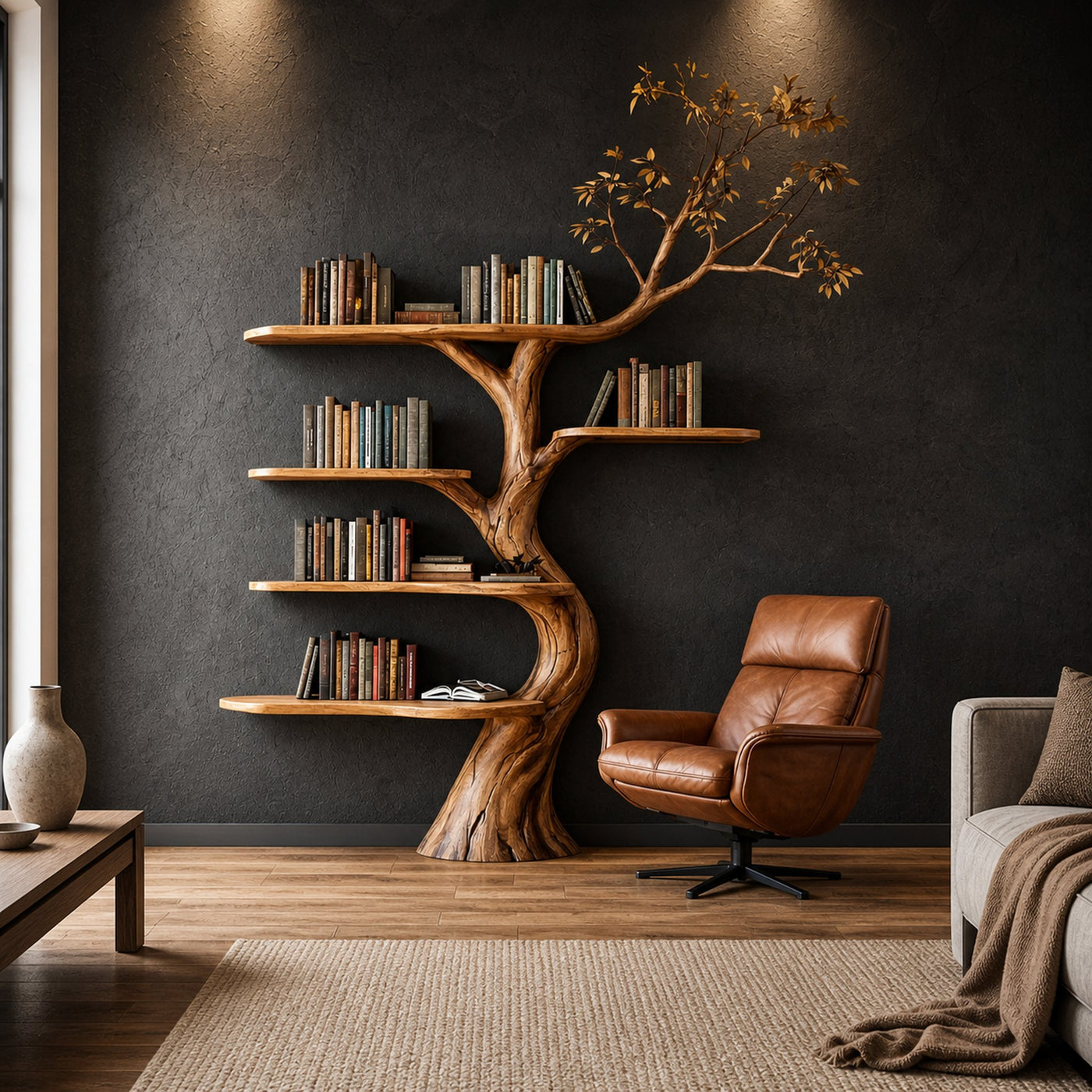 Rustic Sculptural Tree Bookshelf Living Room Interior Statement Wall Feature