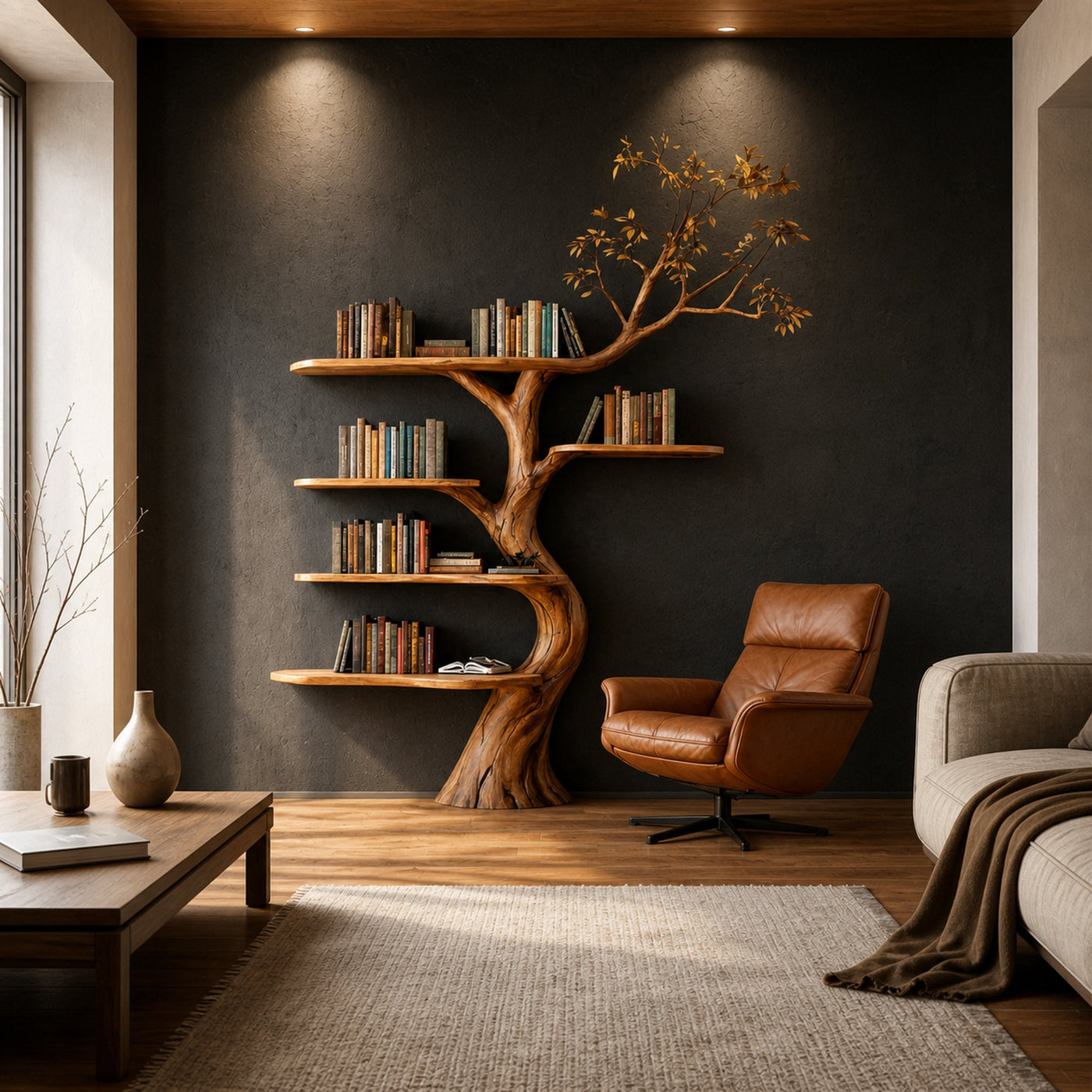Rustic Sculptural Tree Bookshelf Living Room Interior Statement Wall Feature - product view 2