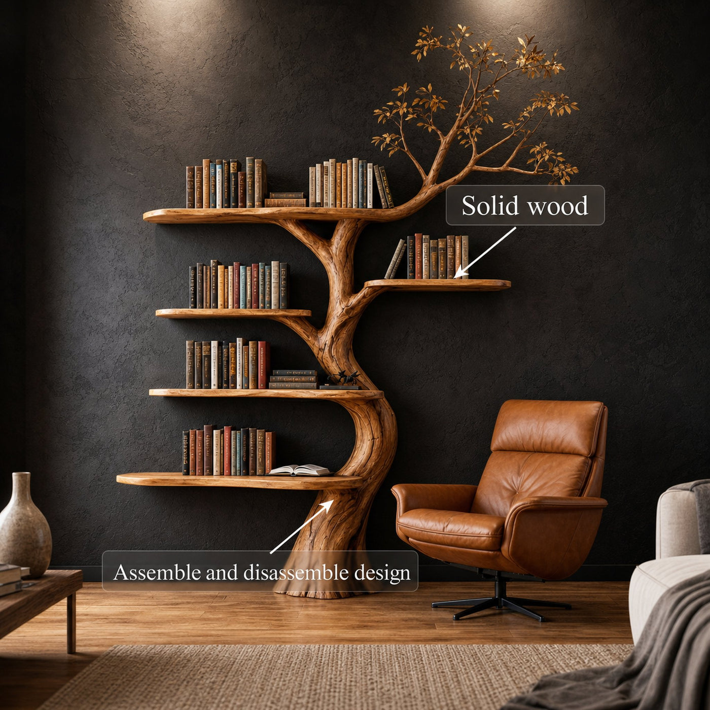 Rustic Sculptural Tree Bookshelf Living Room Interior Statement Wall Feature - product view 3