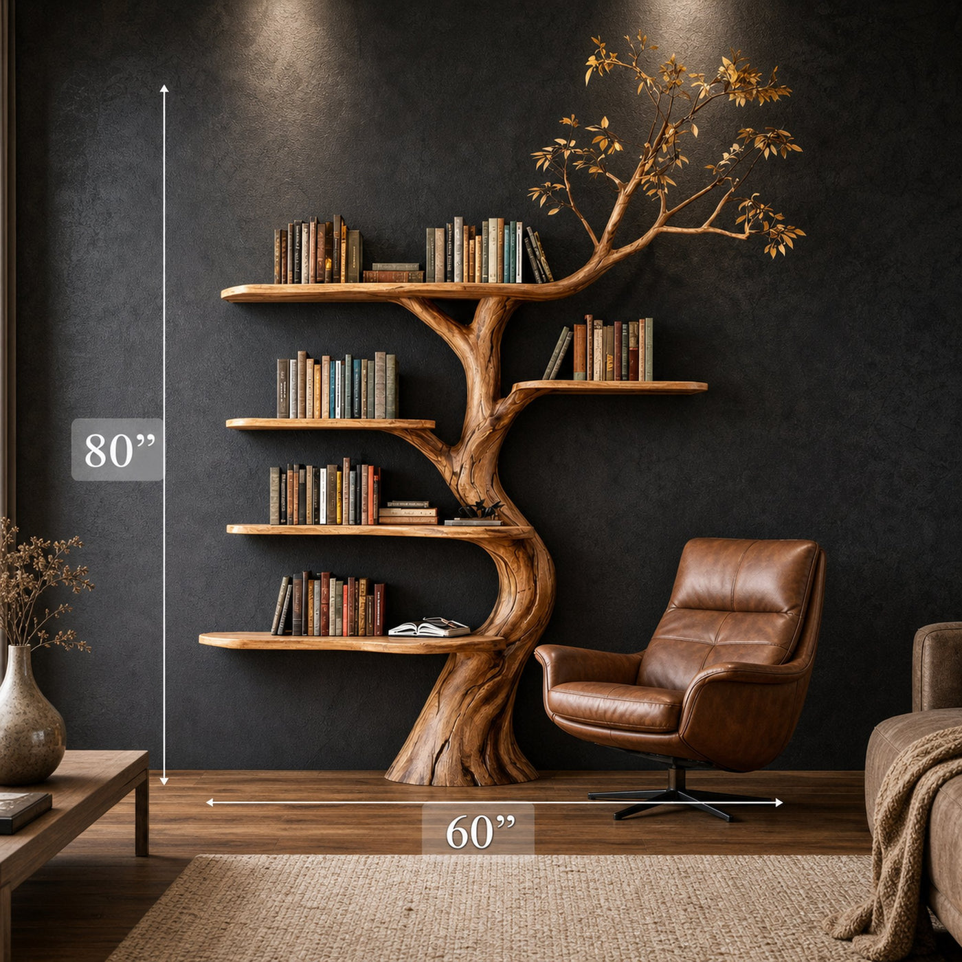 Rustic Sculptural Tree Bookshelf Living Room Interior Statement Wall Feature - product view 4