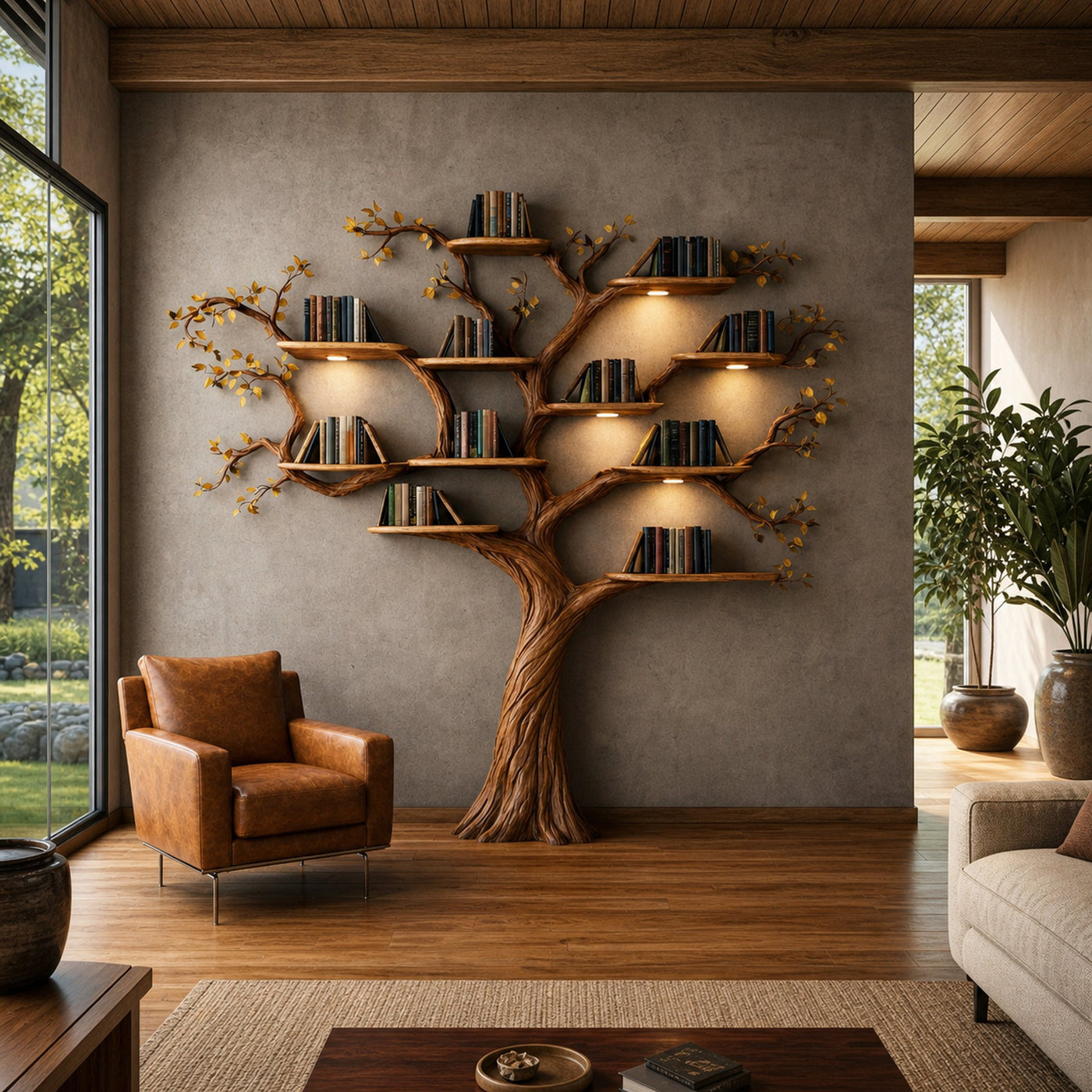 Rustic Sculptural Tree Bookshelf Living Room Interior Statement Wall Feature