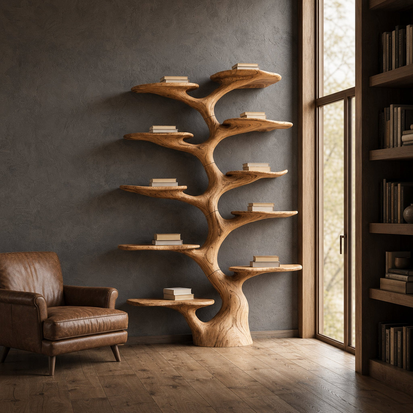 Rustic Sculptural Tree Bookshelf Living Room Interior Vertical Wall Display