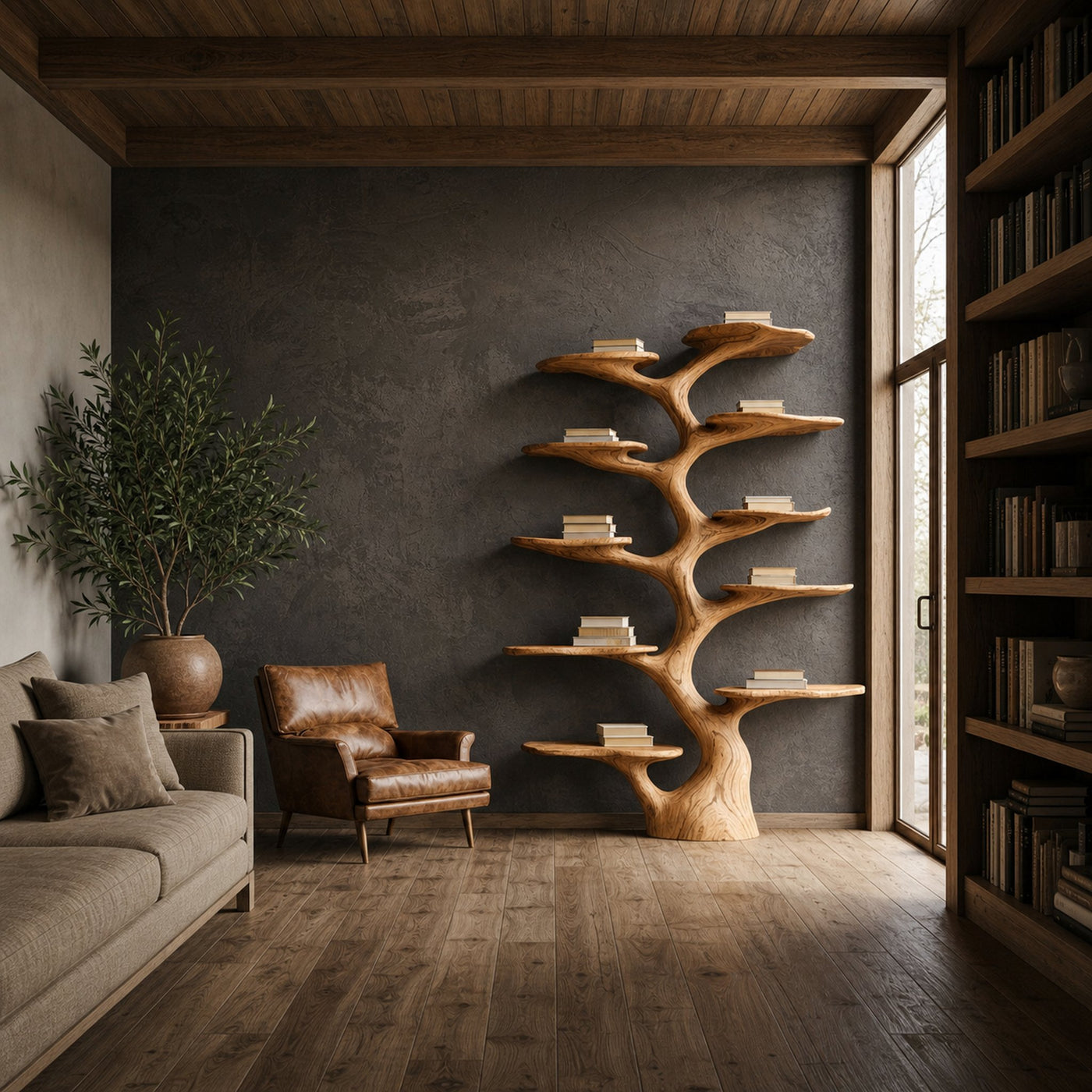 Rustic Sculptural Tree Bookshelf Living Room Interior Vertical Wall Display - product view 2