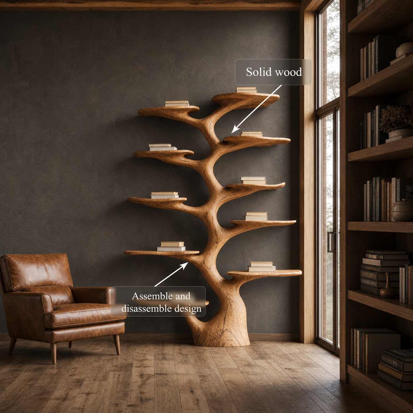 Rustic Sculptural Tree Bookshelf Living Room Interior Vertical Wall Display - product view 3