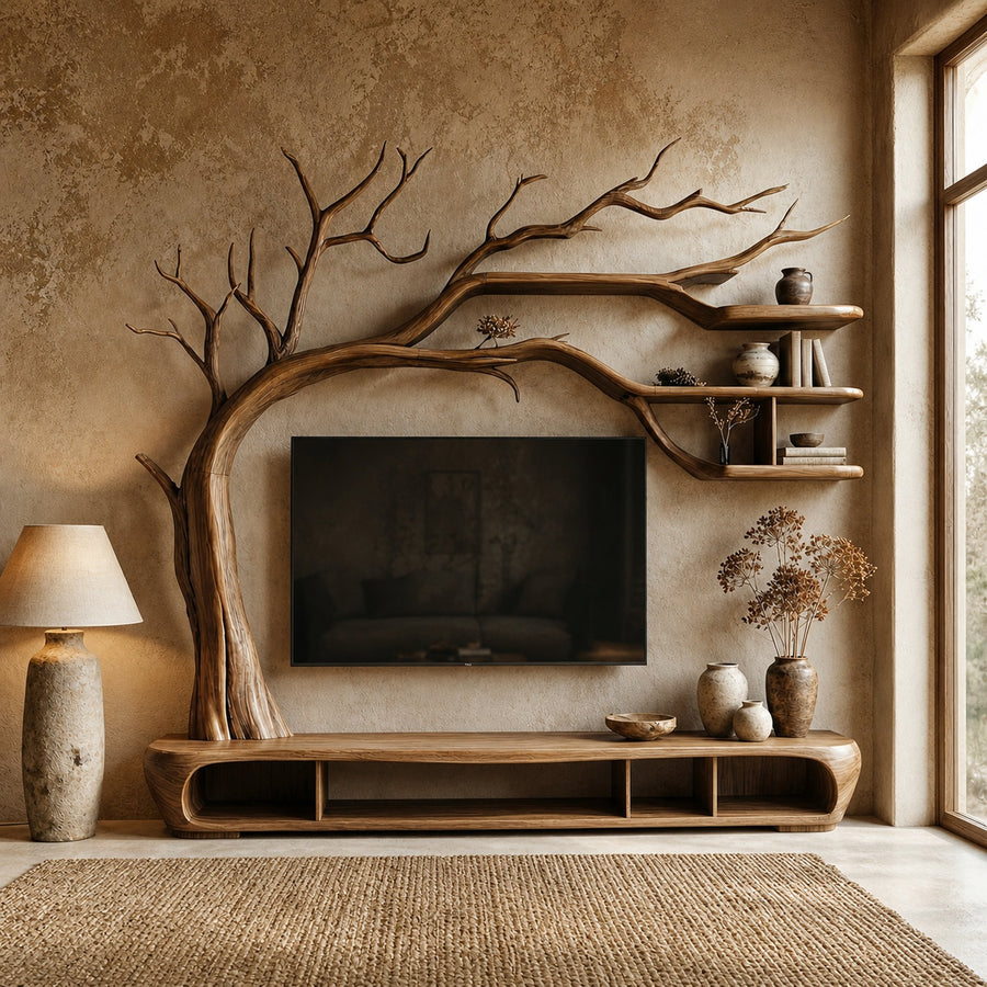 Rustic Sculptural Tree TV Unit For Living Room And Media Area