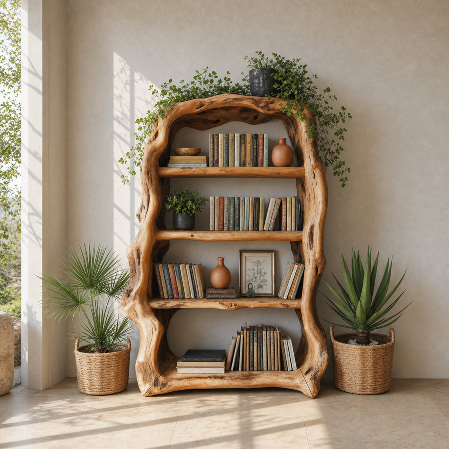 Rustic Sculptural Wooden Bookshelf With Carved Frame For Living Room Or Library
